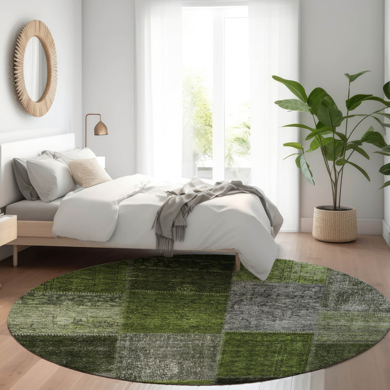 Tapis vert / noir / gris en polyester tissé à la machine Ayush, Rond 8 pi