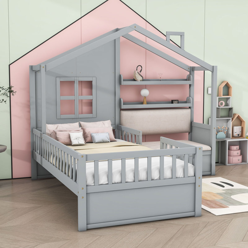 Lit simple en bois avec deux tiroirs, siège et tablette Abin, gris