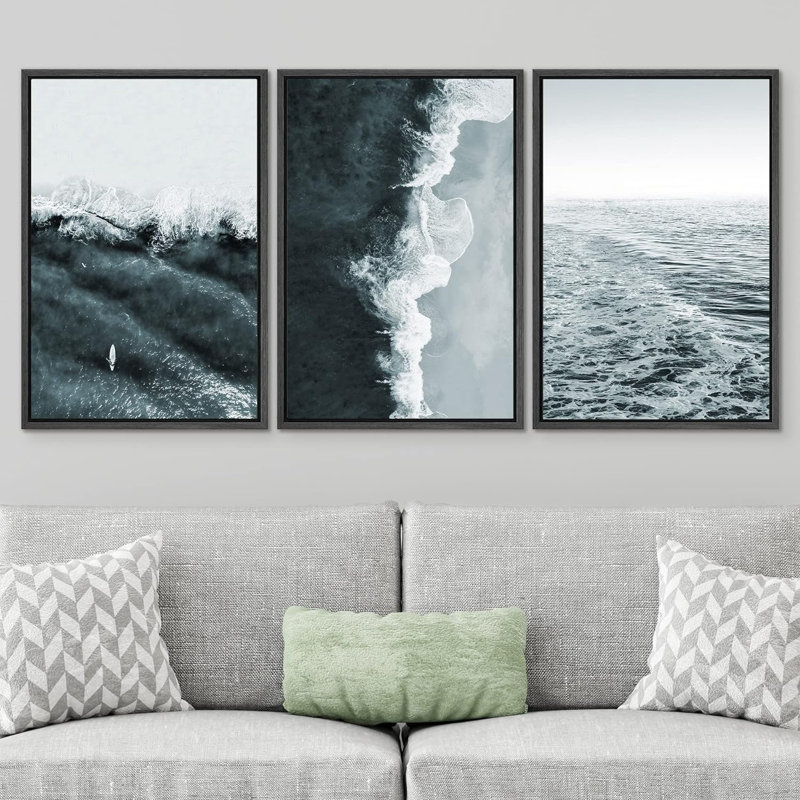 Duotone vert foncé, plage côtière, océan, marines, impressions sur toile, 3 pièces, impression murale, Blanc