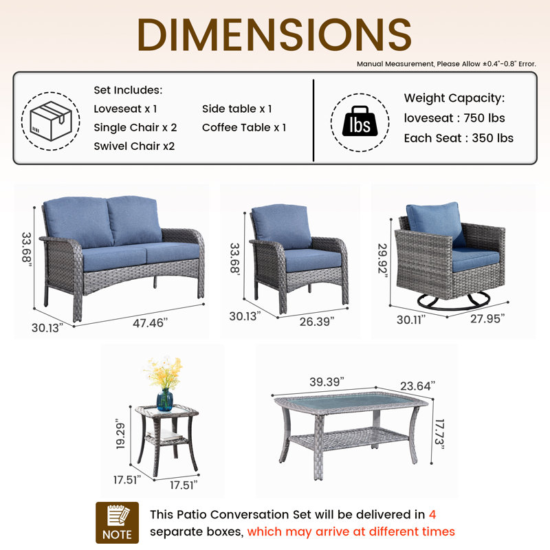 Ensemble de conversation avec coussins pour 6 personnes, Bleu denim