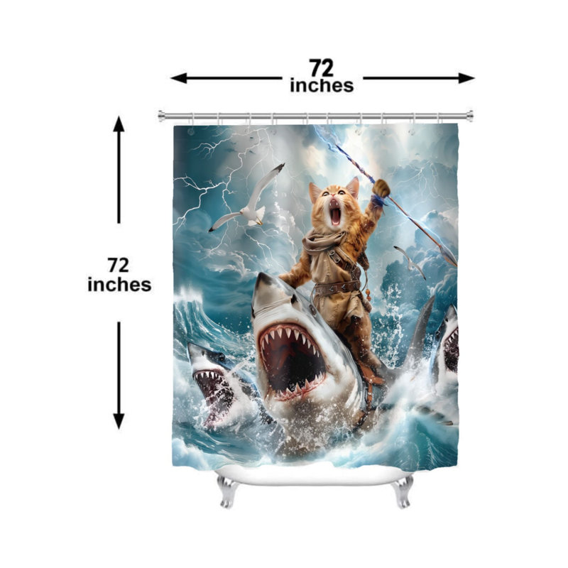 Rideau de bain à motif de chat fantastique chevauchant un requin, 183 cm x 183 cm, avec crochets
