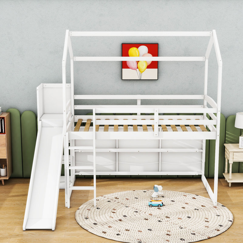 Twin Wood House Loft Bed With Slide, Storage Shelves And Light, White
