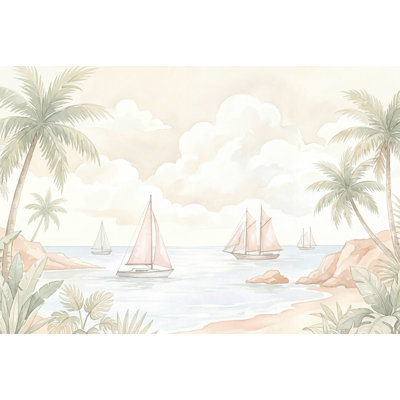 Décoration murale amovible de paysage de bord de mer tropical avec palmiers, voiliers