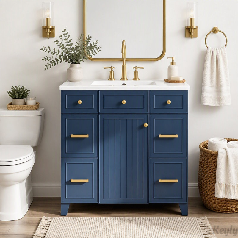 Meuble-lavabo de 91 cm avec lavabo en céramique, Bleu