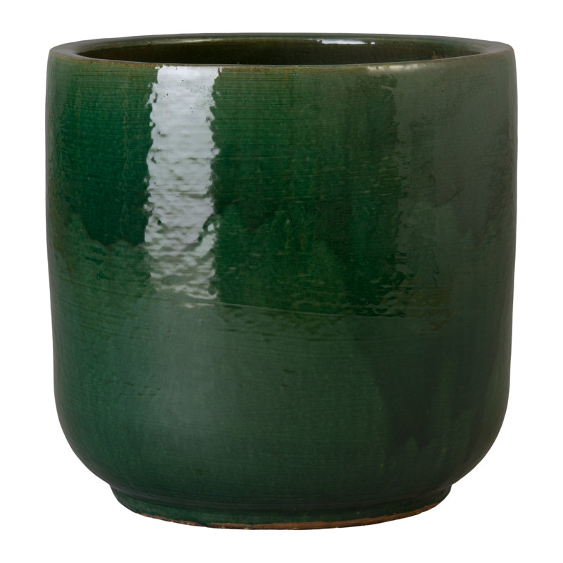Jardinière ronde en céramique verte Barrel de 20 po (L 20 po x l 20 po x H 20 po) Traitement à feu élevé avec trou de drainage