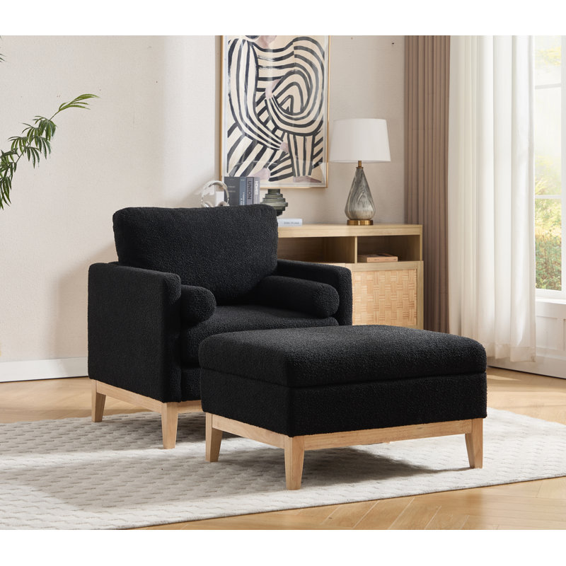 Fauteuil d'appoint rembourré l 35,41 po avec repose-pieds, Polyester noir, Naturel