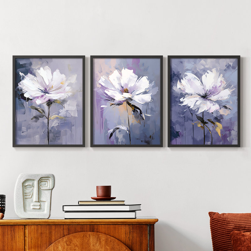 Étude florale, série CXL III, ensemble de 3 estampes numériques, prêt à, Cadre noir, H 28 po x l 22 po