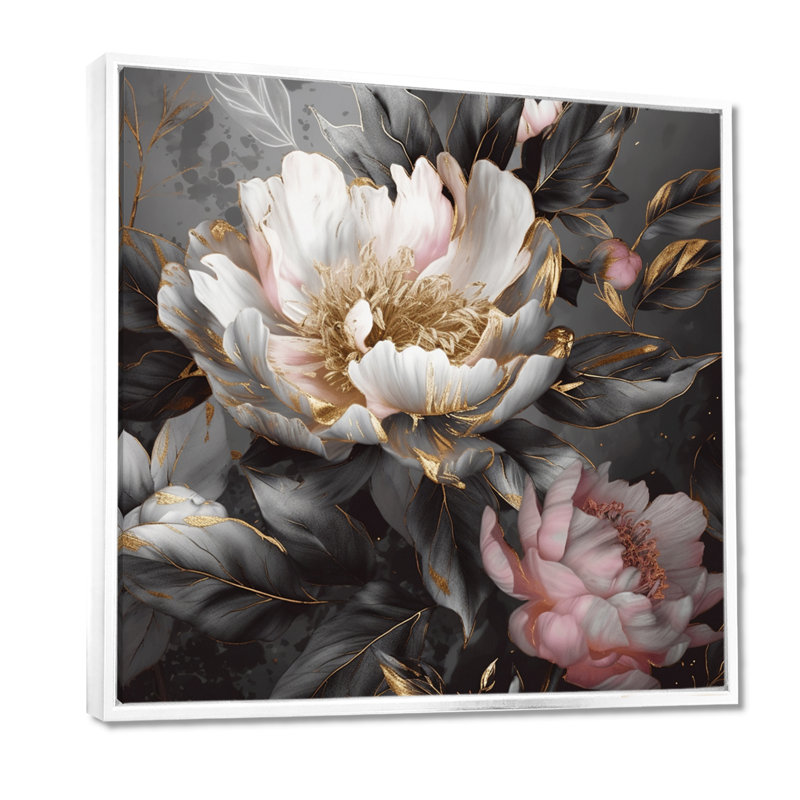 Pivoines roses et grises en fleurs II - impressions de pivoines, H 24 po x l 24 po, Cadre flottant blanc