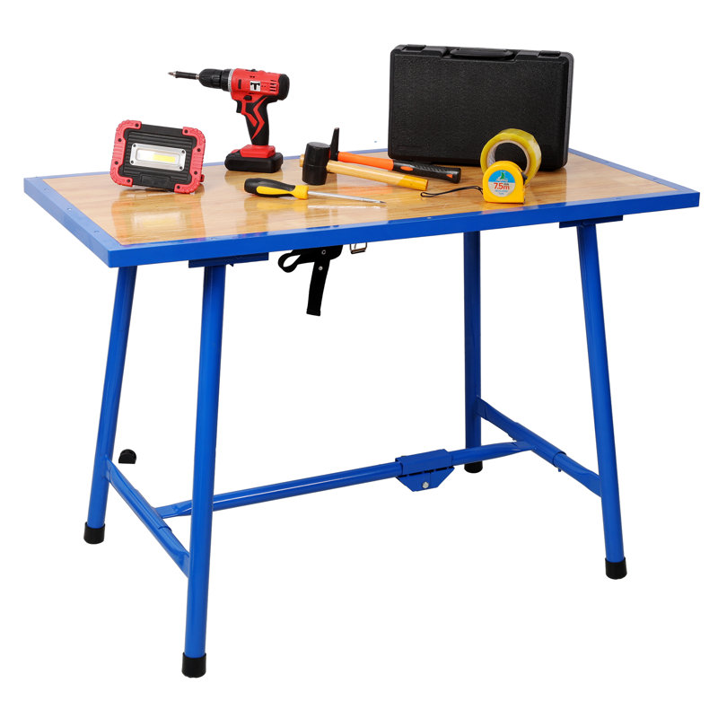 Banc de travail pliable robuste - Banc d'outils en acier d'une capacité de 660 lb avec plateau en bois, poste de travail de garage pliable et table de rangement, bleu