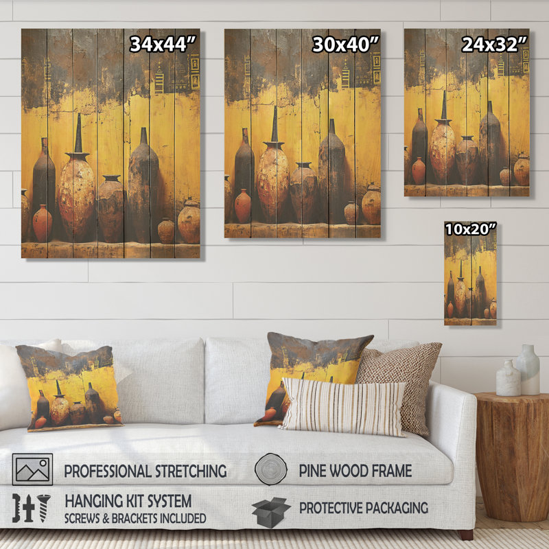 Yellow Contemporary Pottery Artistry - Boho Pottery On Wood Print, 44" H x 34" W