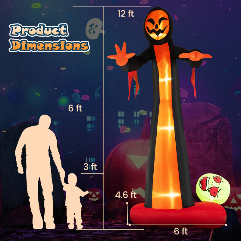 12 Ft Inflatable Grim Reaper Ghost Large Halloween Inflatables With Built-in Led Lights And Scary Skull 