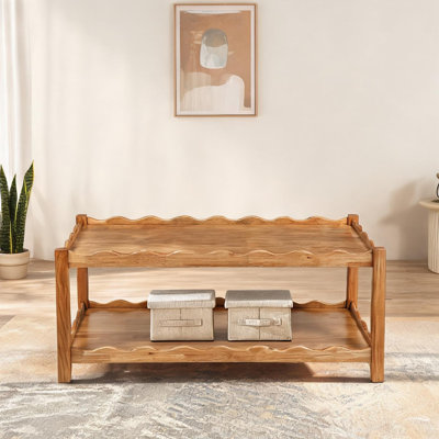 Rectangular Natural-Toned Solid Rubberwood Coffee Table with 2-Tier Open Storage Shelf for Living Room