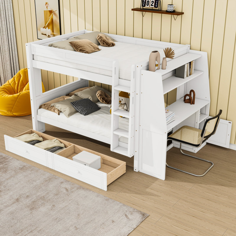 Full Over Full Wood Bunk Bed With Desk And Shelves and Drawer, White