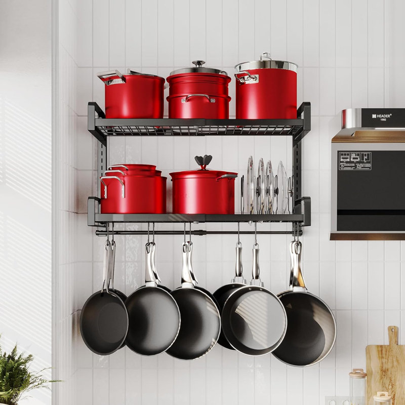 Support à casseroles extensible de 19 à 30 po, organisateur de casseroles et de poêles murales robustes à 2 niveaux avec 10 crochets et 5 supports de couvercle de casserole