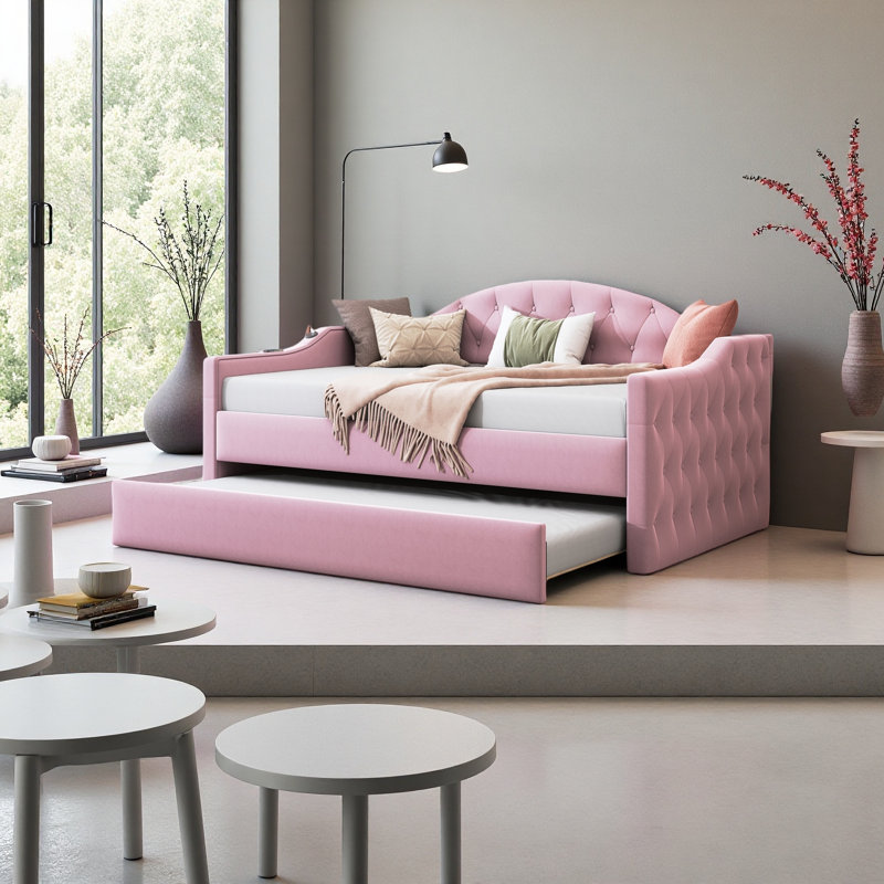 Twin Size Tufted Upholstered Daybed With Trundle, Pink