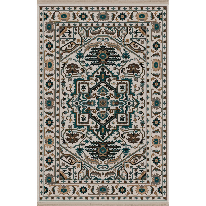 Tapis décoratif beige et vert à motifs multicolores, Rectangle 4 pi 7,12 po x 6 pi 6,74 po