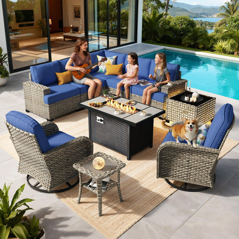 7- Person Outdoor Wicker Patio Conversation Furniture Set With Fire Pit Table, Navy