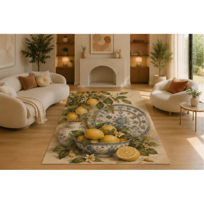 "Ultra Lightweight" 5'x7' Mediterranean Lemon Blue Pottery Area Rug, Soft Low Pile Non-Slip Indoor Carpet for Living Room, Kitchen, Dining Room, Bedroom and Italian Farmhouse Home Decor, Yellow