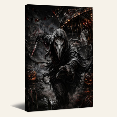 Dark Plague Doctor Mask Holding Bloody Knife At Halloween Canvas Wall Art