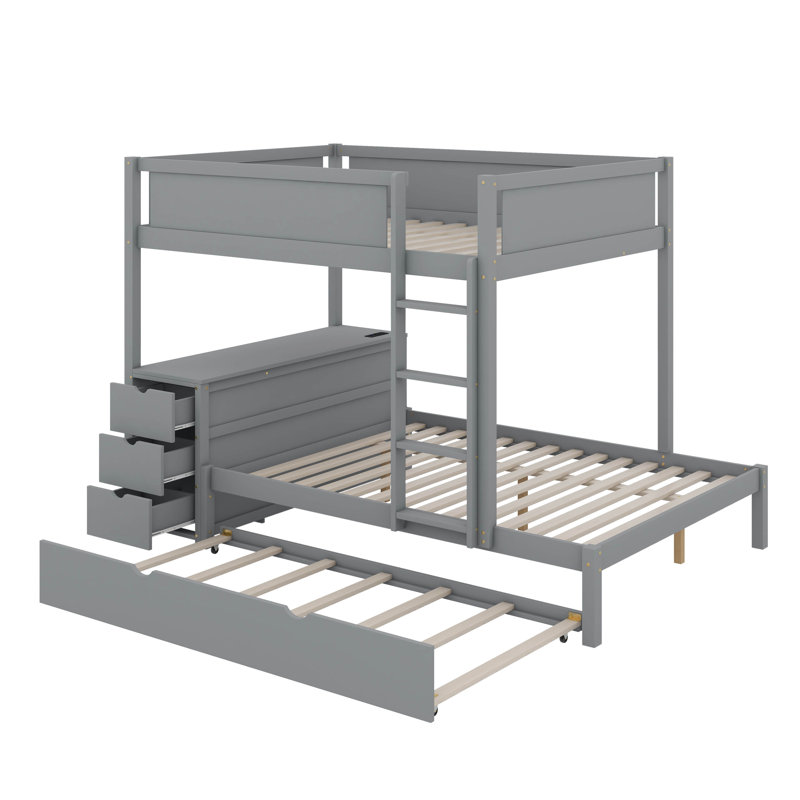 Lit superposé avec lit gigogne, rangement et bureau, Gris, Lit superposé double sur double