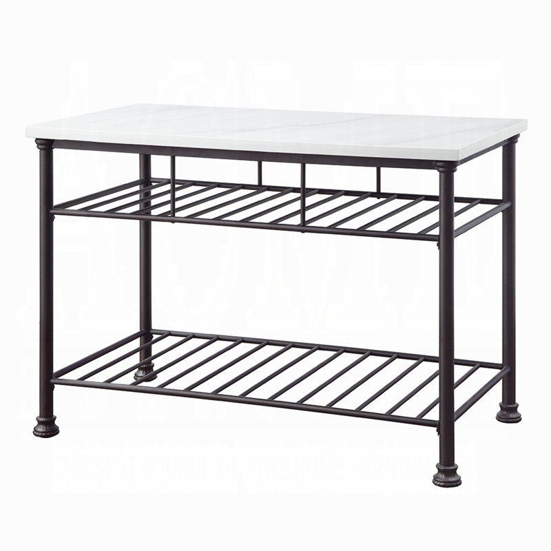Pilarcitos Transitional Kitchen Island with Faux Marble Top in White and Gray