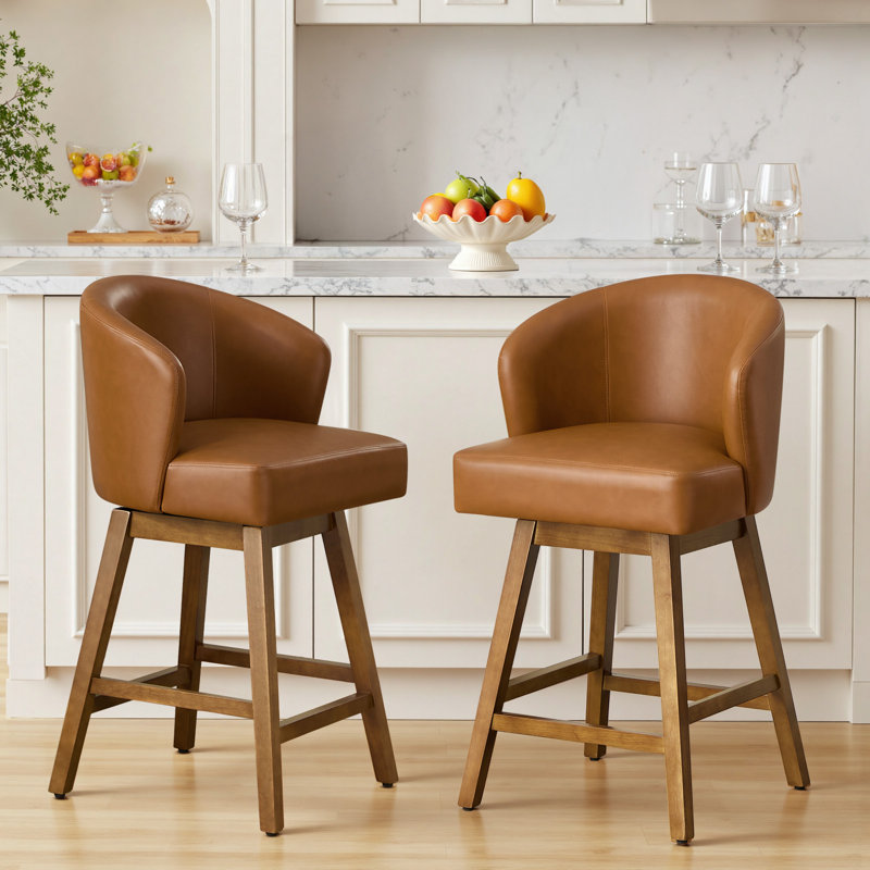 Tabouret de bar pivotant à 360 ° en forme de U avec base en bois d'hévéa massif, confort à ressorts, capacité de 350 lb, Brun