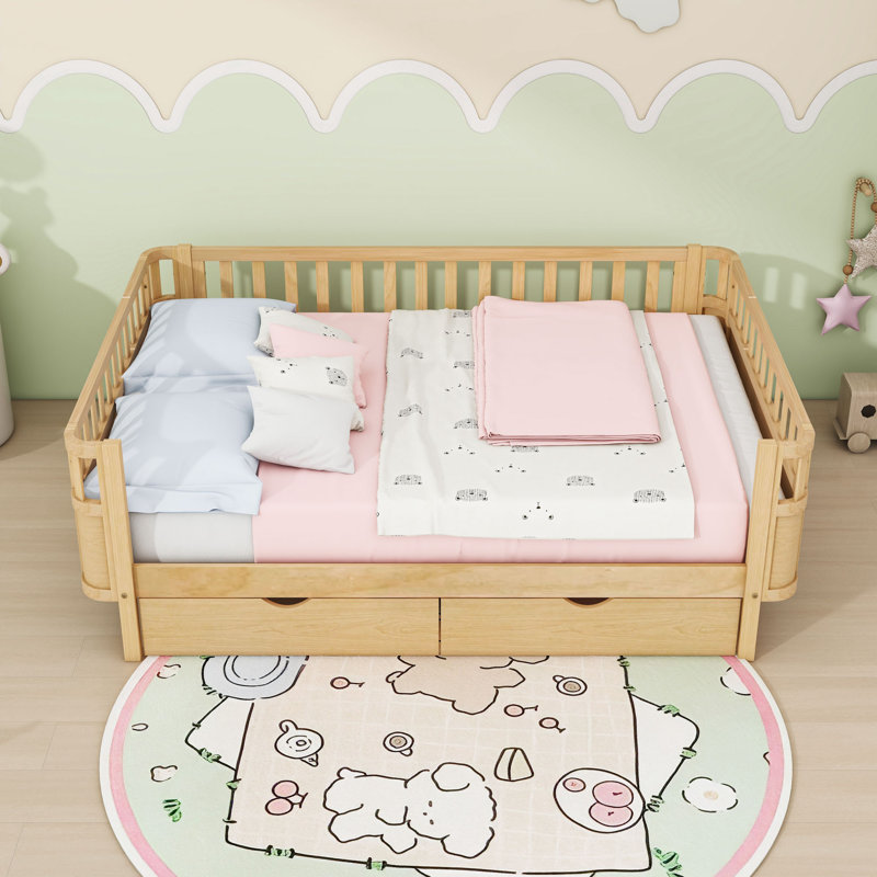 Wood Platform Bed With 2 Drawers And Fence, Full, Natural
