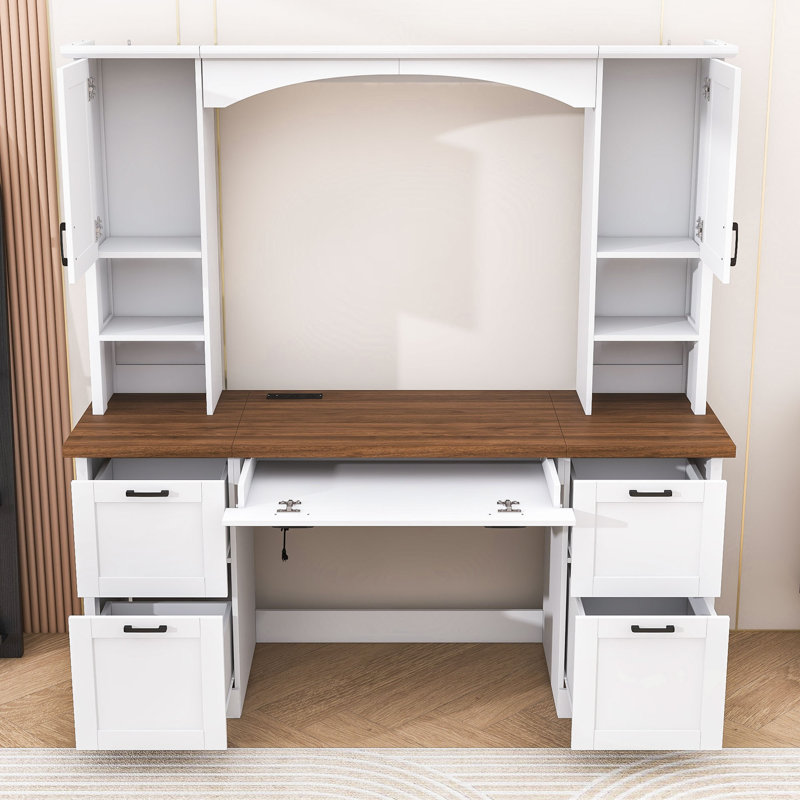 Bureau d'ordinateur arqué moderne avec huche, station de charge intégrée, plateau coulissant et grand espace de rangement