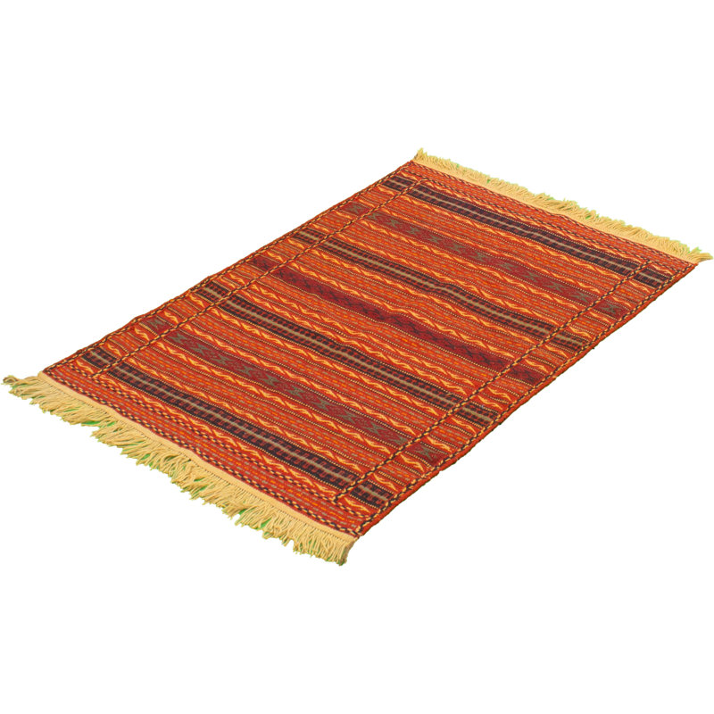 Tapis rouge / orange / bleu marine en laine fait à la main