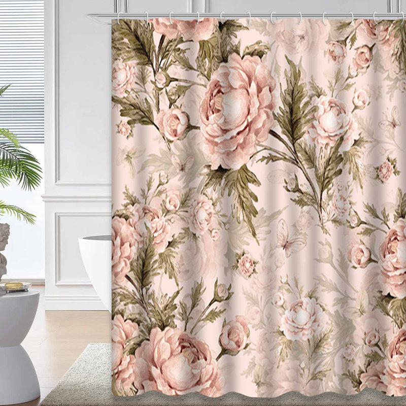Rideau de douche avec 12 crochets Watercolor Roses Butterflies, L 72 po x l 78 po