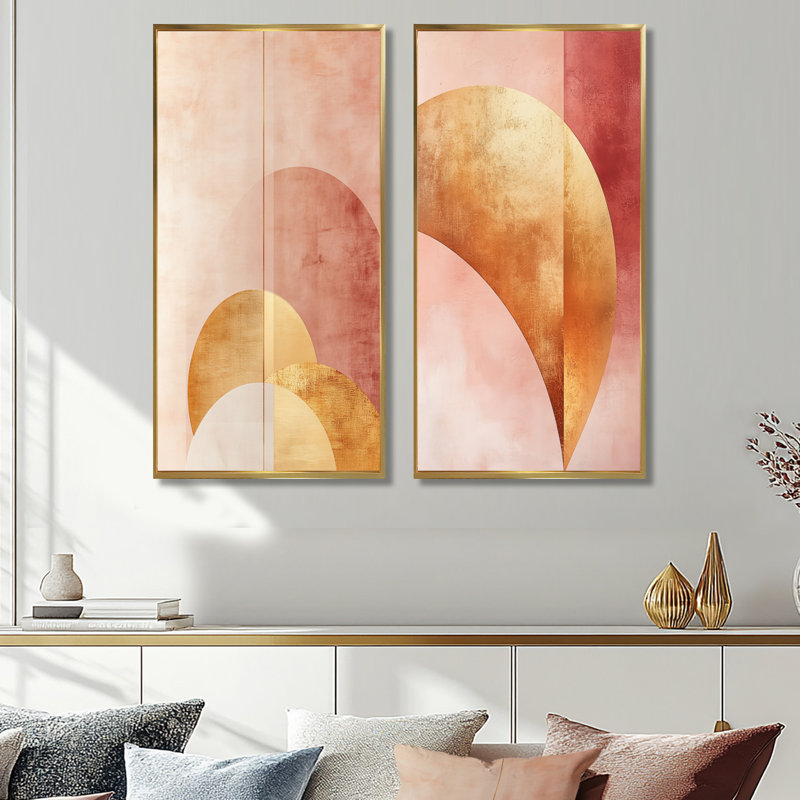 «Rose and Gold Flow Arcs - Modern Abstract», art mural sur toile 2 pièces, H 40 po x l 40 po, Cadre flottant doré