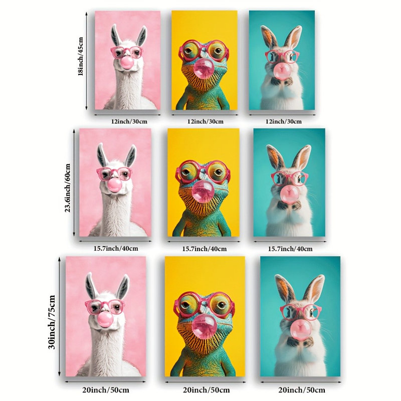 Impression sur toile 3 pièces Trendy Animal Bubble Gum pour chambre d'enfant ludique, 24 * 16 pouces 3 pièces