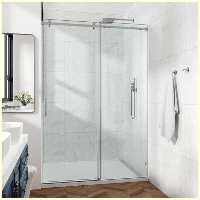 60x72" Fixed & Sliding Shower Door, Square Tube Hardware, Clear Glass Shower Door, 3/8″ (10mm) SGCC Tempered Glass, Stainless Steel, Brushed Nickel