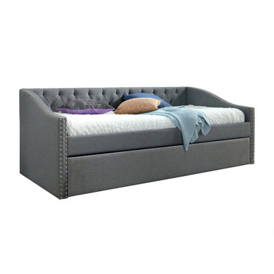 1Pc Daybed Button Tufted Nailhead Trim Armrest Pull Out Trundle Bedroom Living Room Furniture