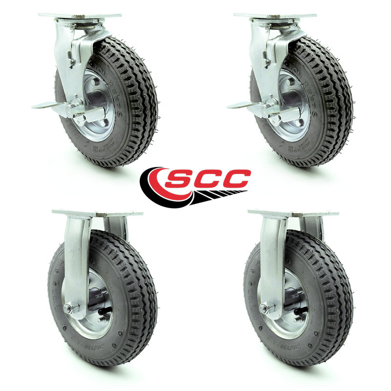8 Inch  Pneumatic Wheel Caster Set 2 Swivel with Brakes and 2 Rigid SCC/SCC-100S280-PNB-GRY-TLB-2-R280-2