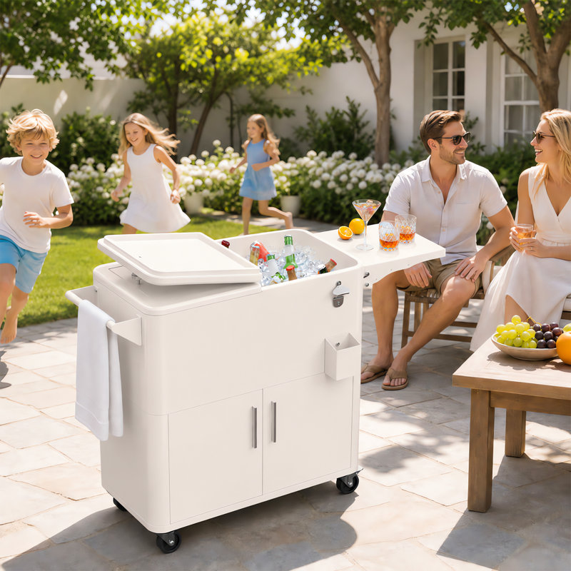 Winado 80 qt. Milky White Outdoor Cooler Cart With Cabinet And Foldable Side Table, Milky White