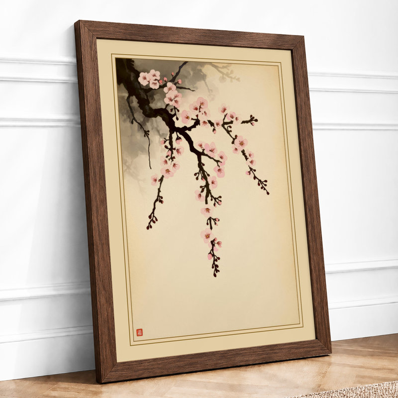 Moonlit Cherry Blossom Japandi - Framed Print, A2 - 59.4 x 42.0 cm, Walnut