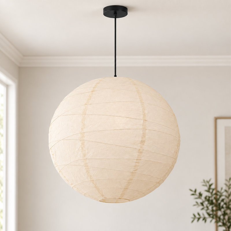 Suspension de lanternes japonaises en papier de riz, grande lampe ronde avec rosette noire, cordon ajustable et ampoule E26 blanc chaud incluse