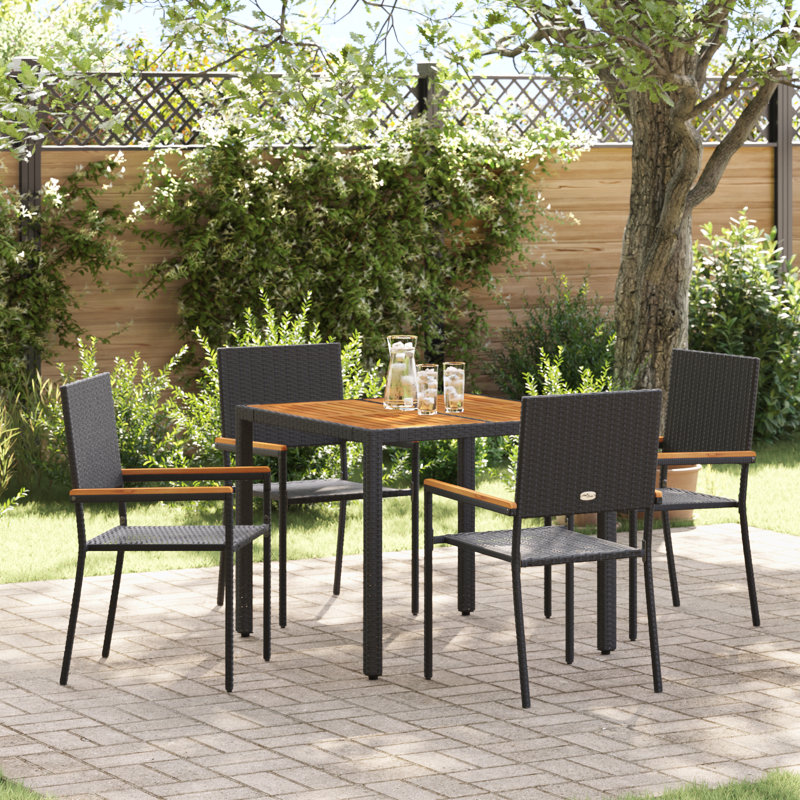 5 Piece Garden Dining Set Poly Rattan, Black