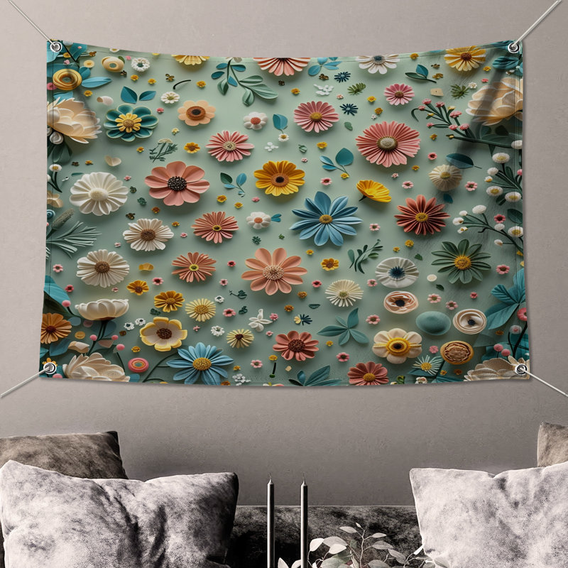 Tapisserie murale à motif floral - Décoration murale florale, H 68 po x l 80 po avec 4 œillets