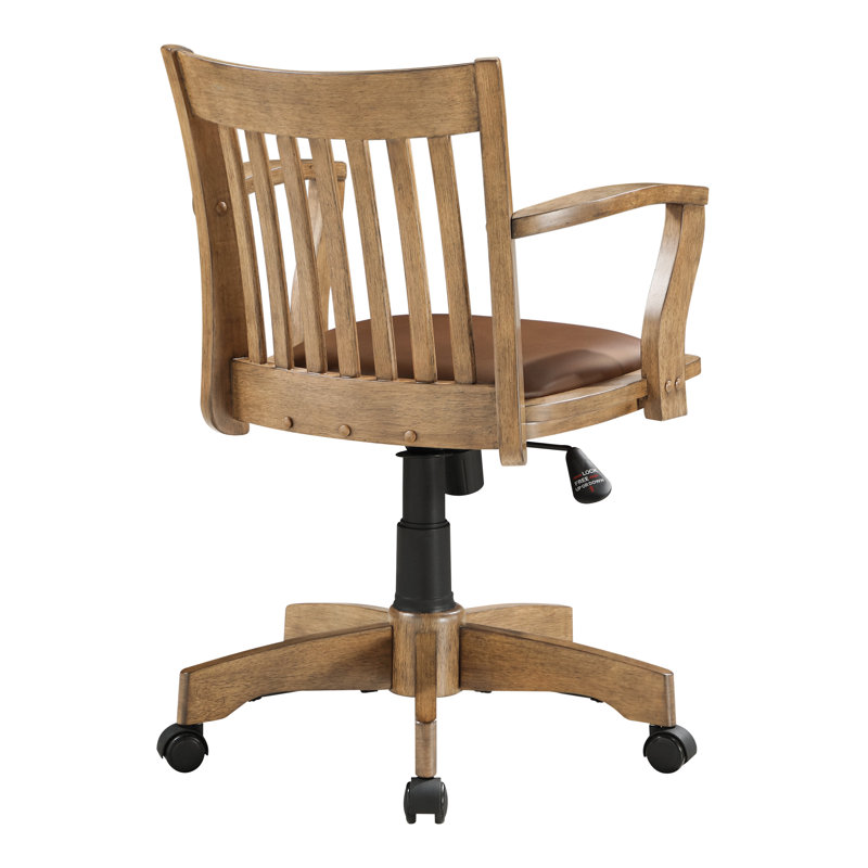 Deluxe Fruitwood Finish Wood Banker's Desk Chair with Brown Vinyl Seat