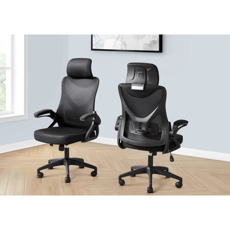Contemporary Adjustable Height Black Mesh Swivel Office Chair, Ergonomic Foam Cushioning, Metal Base, High Back With And Capped Wheels For Mobility Height, - Filled