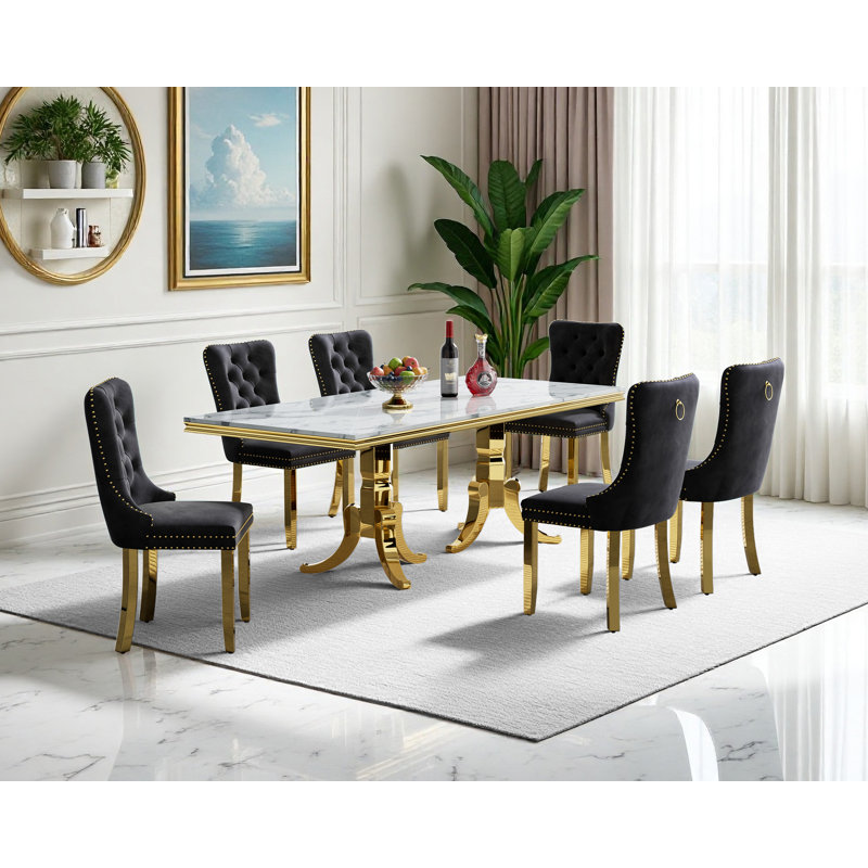 Modern Faux Marble Dining Table Set, Luxury 70" Dining Room Table with Velvet Upholstered Chairs, Luxurious Kitchen Table with Stainless Steel Pedestal, Dining Table Set