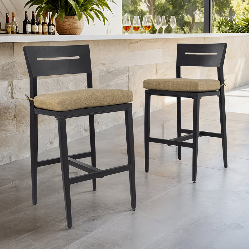 Tabourets de bar d'extérieur 2 pièces, chaise de patio en aluminium avec coussin pour jardin et îlot de cuisine, Lin sésame