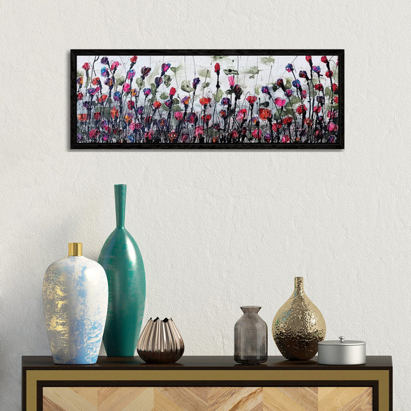 Fantatic Poppies by Donatella Marraoni - Panoramic Painting on Canvas, 30.48 cm H x 91.44 cm W, Black Framed