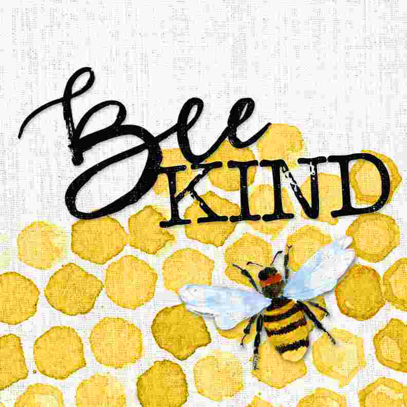 «Bee Kind Honeycomb», art textuel sur toile tendue, H 12 po x l 12 po