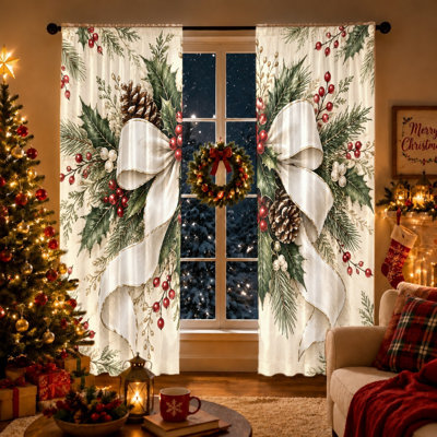 2Pcs Christmas Floral Curtains, Vintage Winter Holiday Patterned Rod Pocket Light Filtering Window Drapes for Living Room Bedroom Kitchen Home Decor