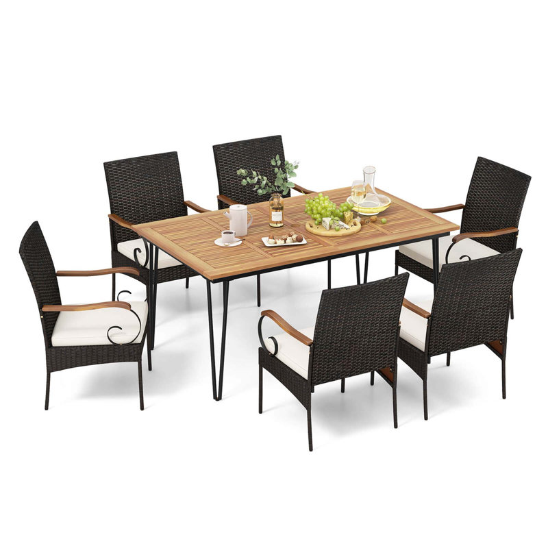  7 Pieces Dining Set w/ Acacia Wood Dining Table Rattan Armchairs Soft Cushions