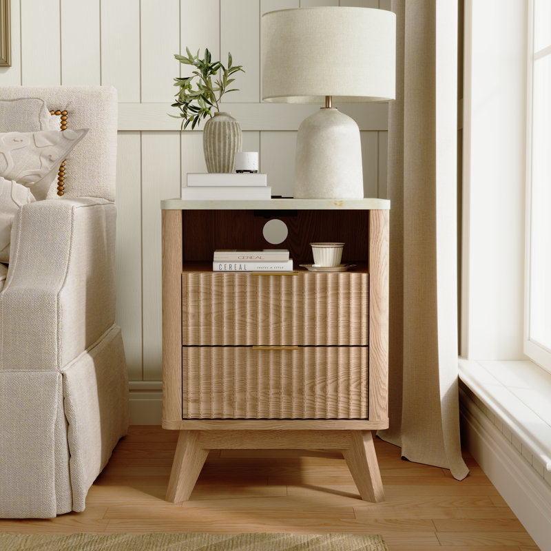 18" Nightstand With Charging Station & Faux Marble Top, Natural Oak/White