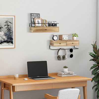Tablettes flottantes murales avec tiroirs - Ensemble de 2 tablettes en bois rustique pour la salle de bain, la chambre à coucher, la cuisine, le salon - Fabrication robuste en bois massif et en métal pour la décoration intérieure et le rangement